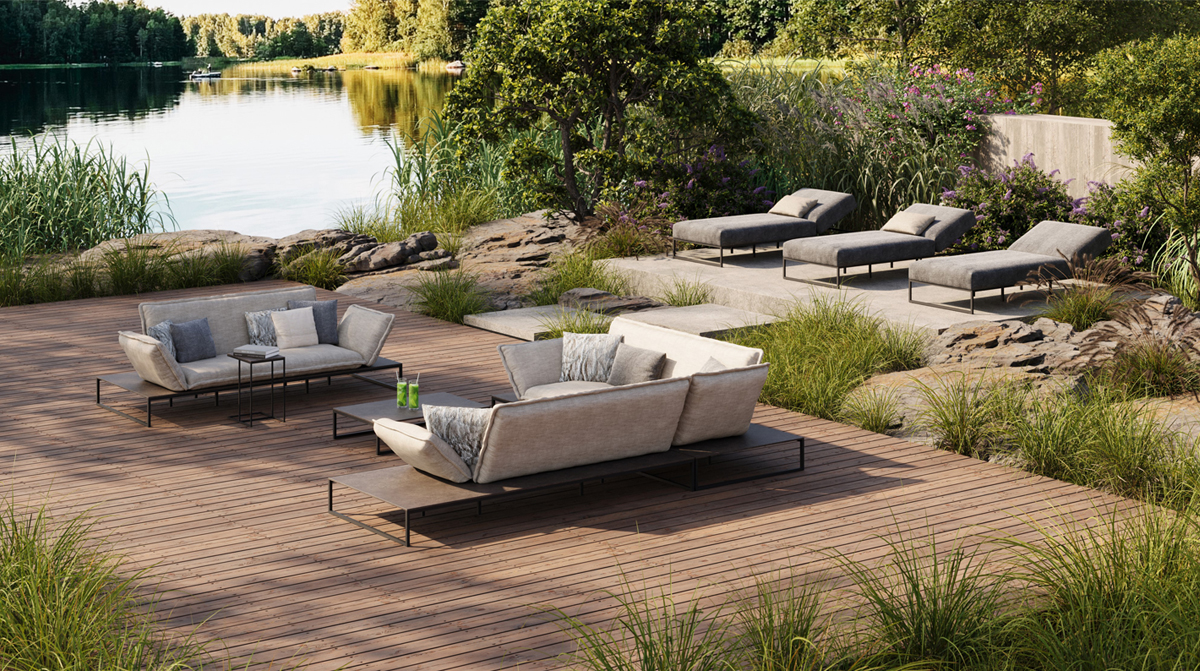 FLORA Lounger auf Holzdeck am See