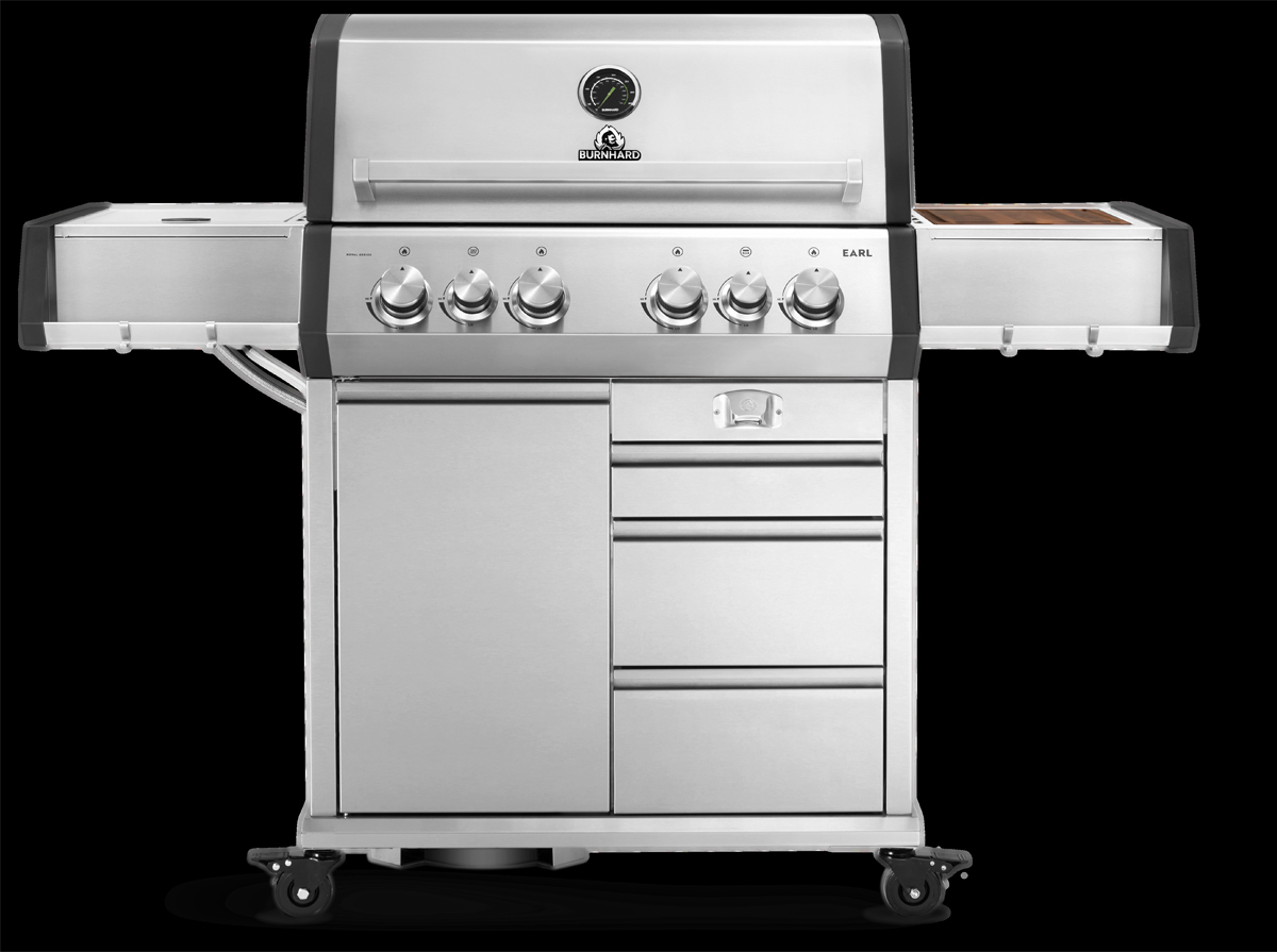 Premium-Gasgrill "Earl" von Burnhard mit 3 Stabbrennern, Edelstahl-Heckbrenner und 900 °C Infrarot-Keramikbrenner außen.